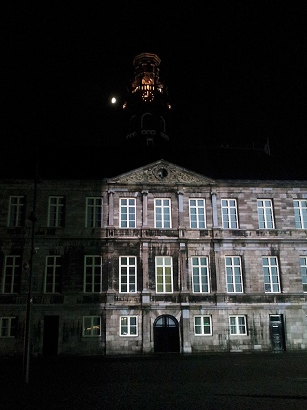 Old city hall, a mobile snapshot at night. Enjoying this beautiful city for 1 night. Going for a long two day walk tomorrow to Belgium.