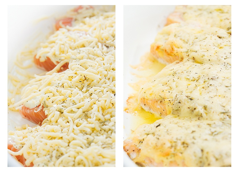 Salmon with cheese and rosemary. Before and after the oven