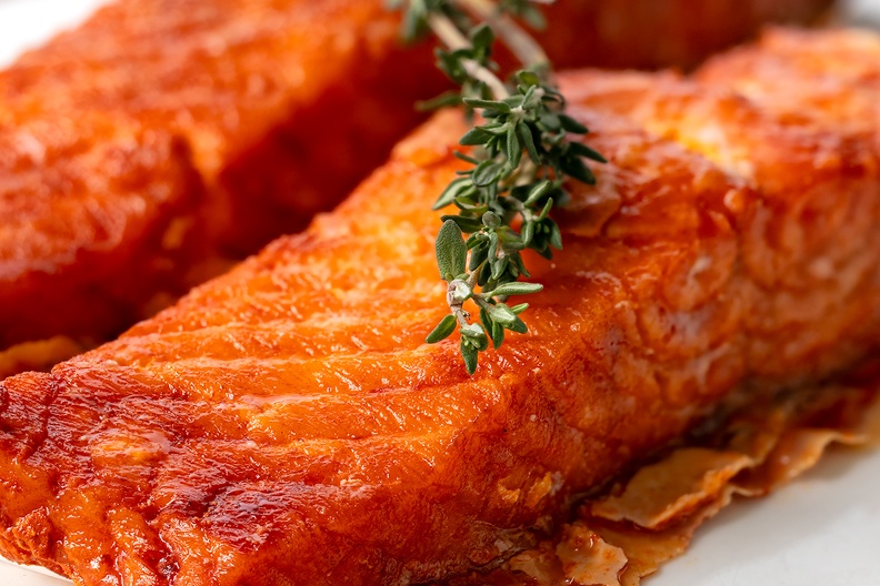 Hot smoked salmon. With the thyme and more ingredients for a flammkuchen.